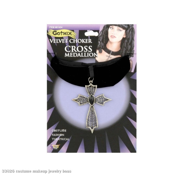 Velvet Choker with Cross - Click Image to Close