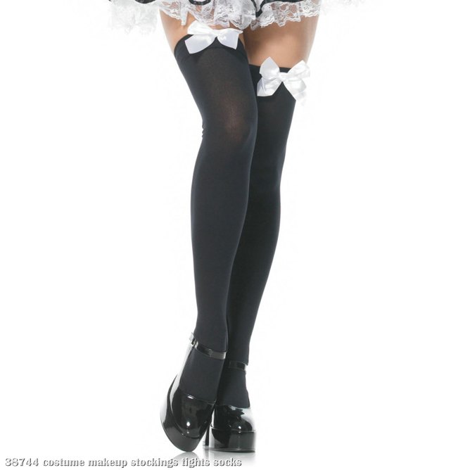 Black Opaque Thigh High With White Bow - Adult - Click Image to Close