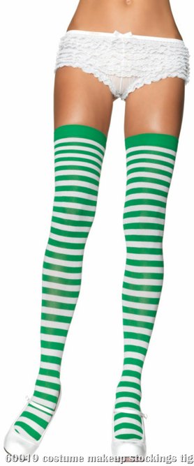 Nylon Striped Thigh Highs Green & White