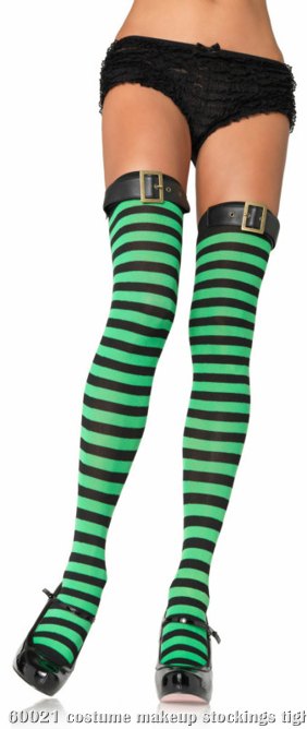 Striped Thigh Highs with belt Green/Black - Click Image to Close