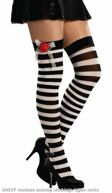 Black & White Thigh Highs W/Red Roses Adult - Click Image to Close