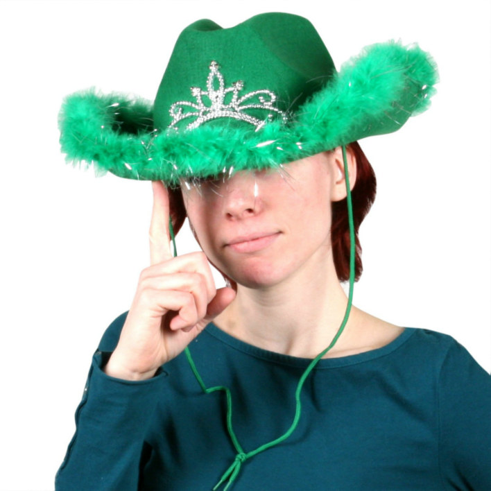 Green Light Up Cowgirl Hat with Marabou Trim - Click Image to Close