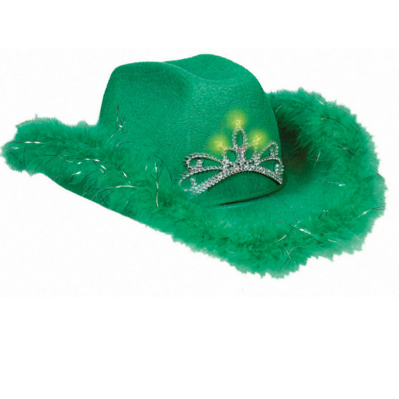 Green Light Up Cowgirl Hat with Marabou Trim - Click Image to Close