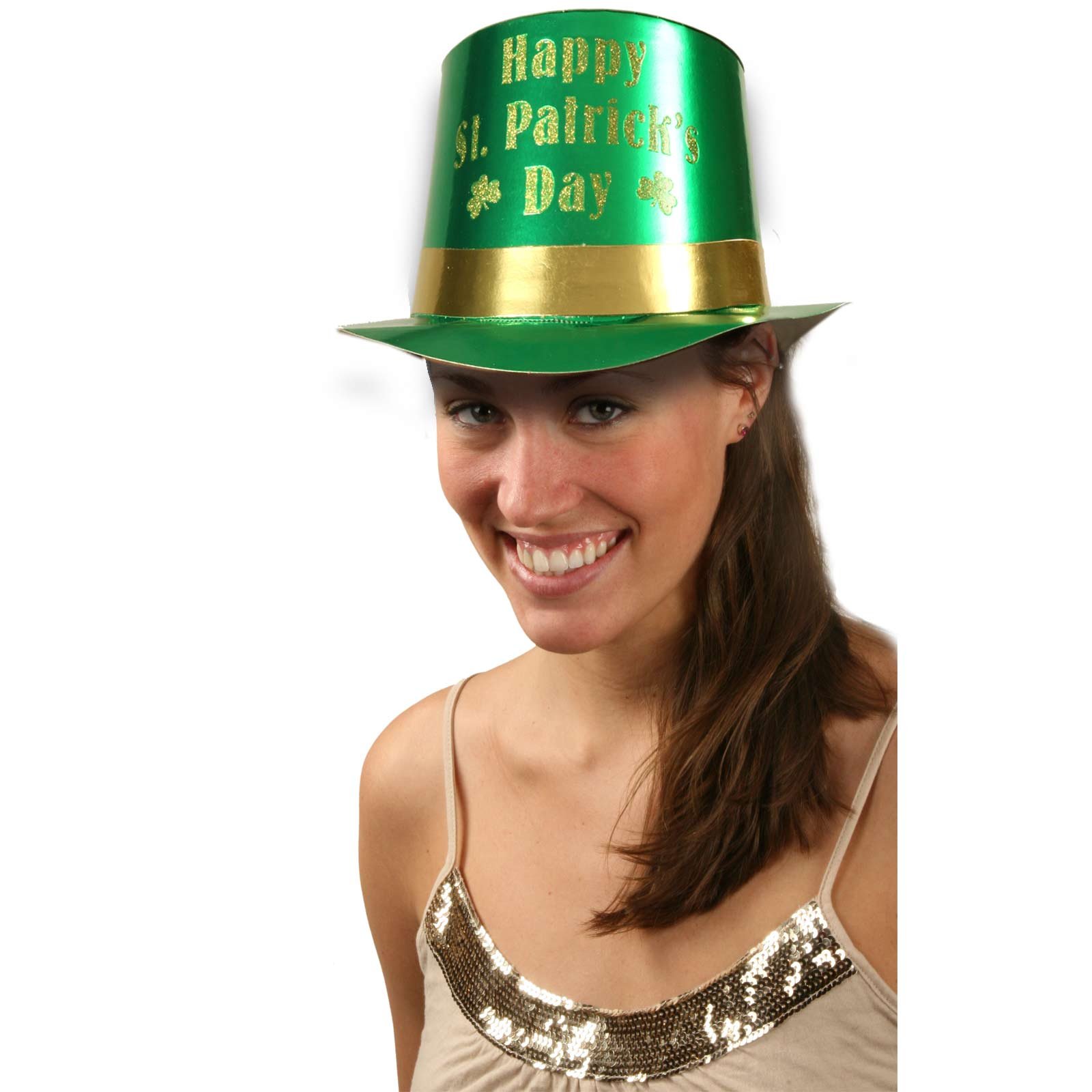 St. Patrick's Green Foil Top Hat with Gold Glitter - Click Image to Close