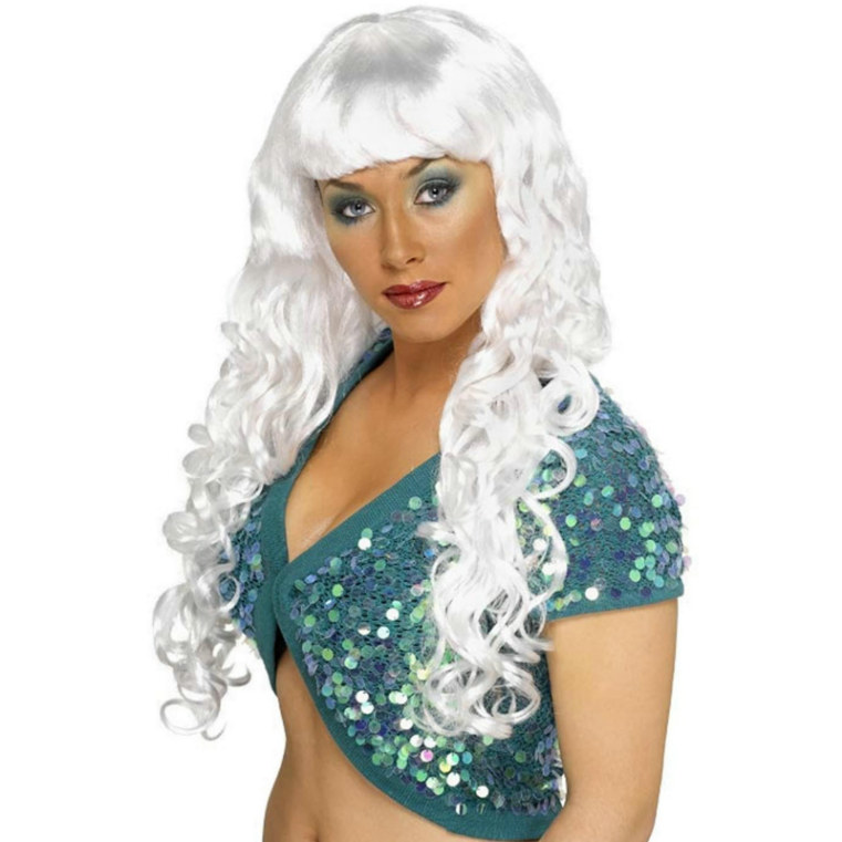 Long Curly White Siren Wig Adult - Click Image to Close