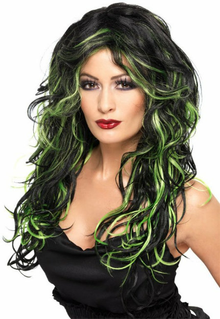 Long Streaked (Black/Green) Adult Wig