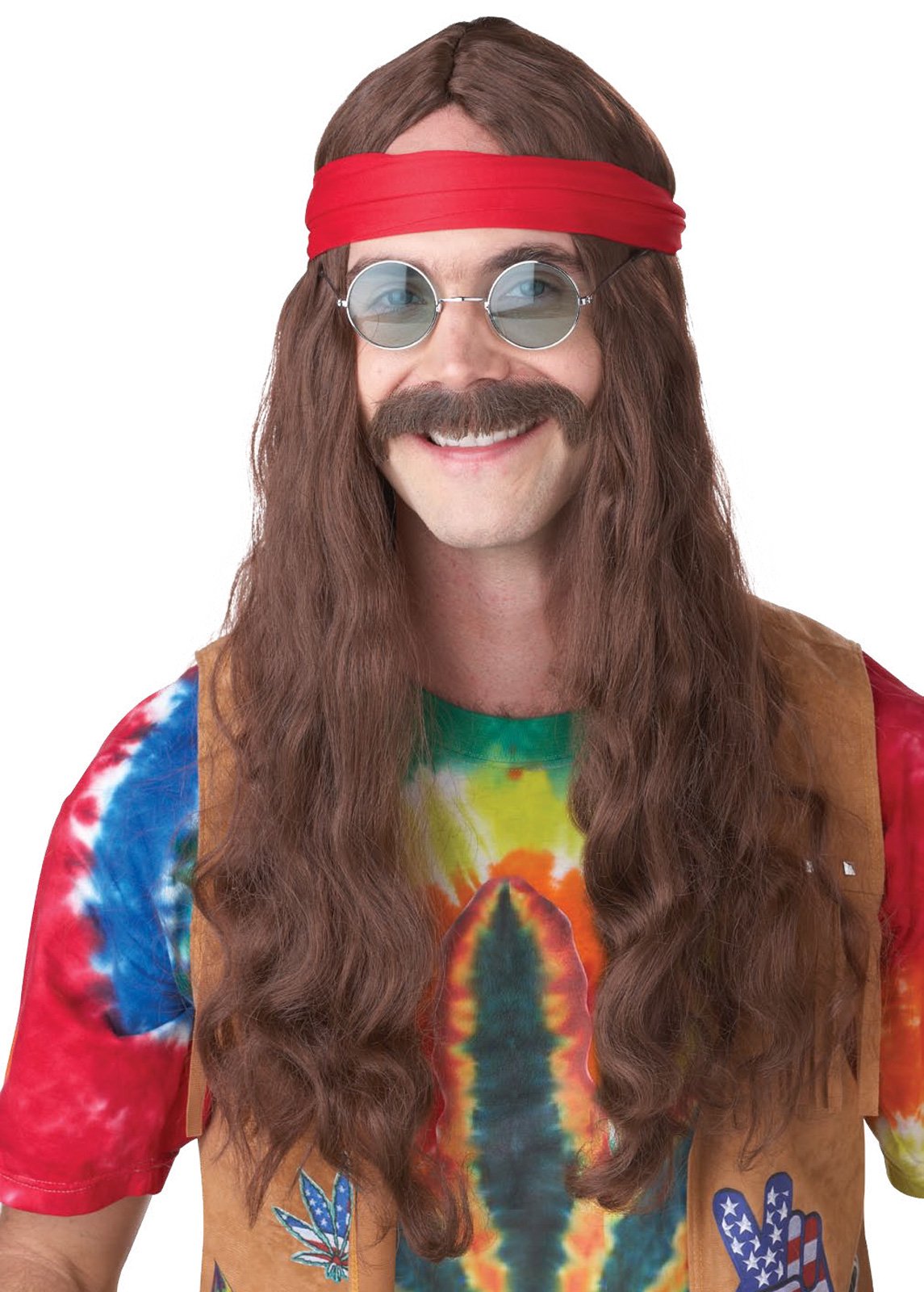 Hippie Man (Brown) Adult Wig and Moustache - Click Image to Close