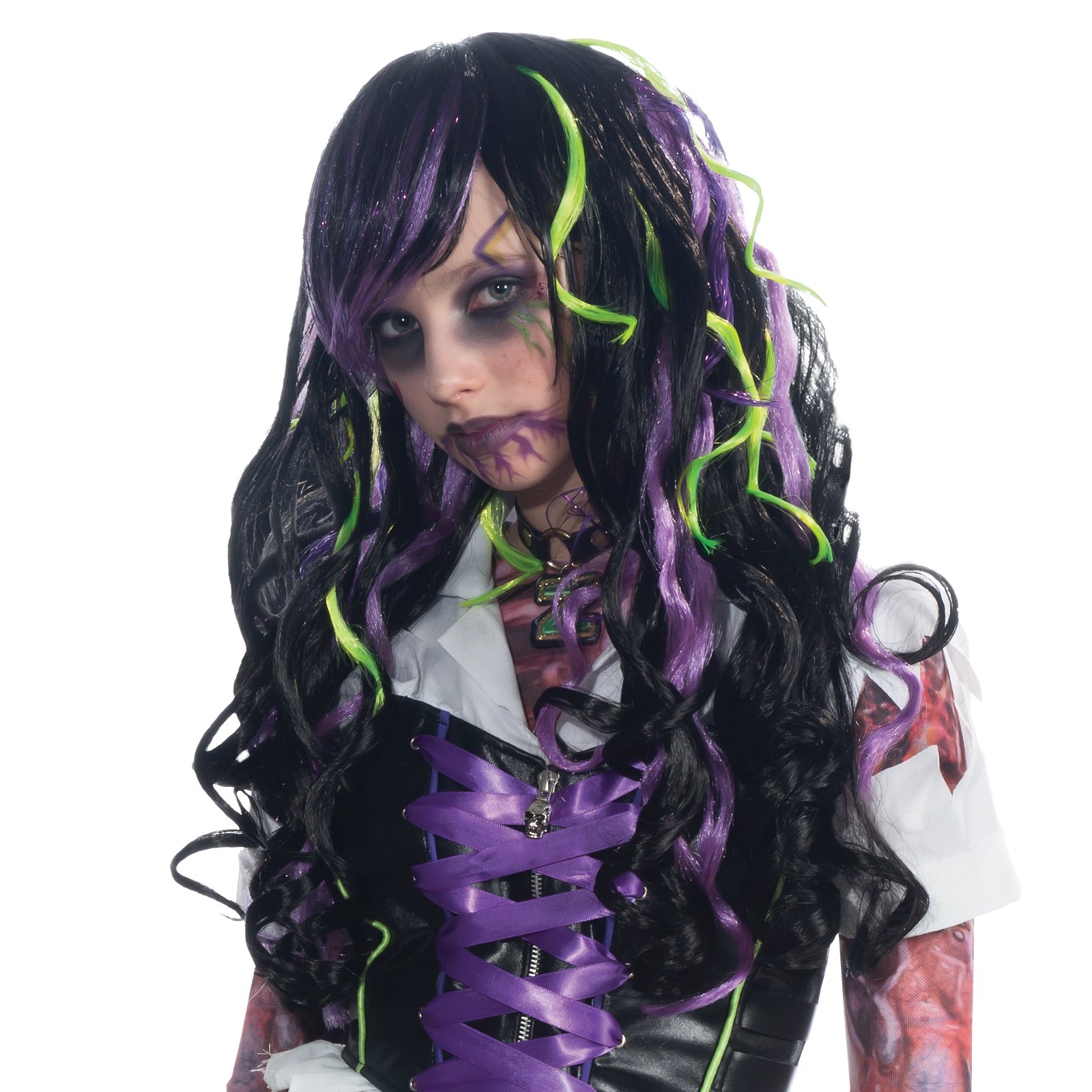 Black with Purple and Green Streaks Child Wig