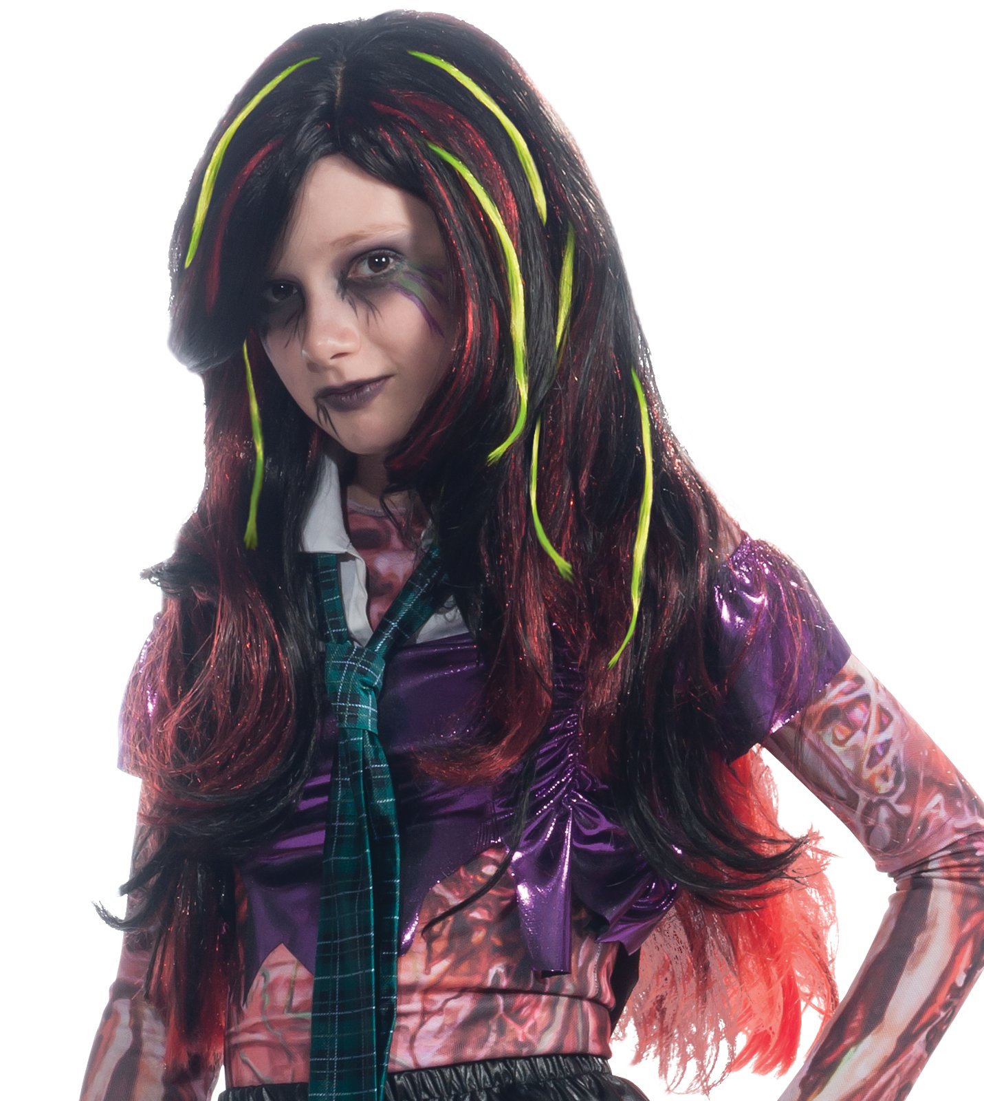 Long Black with Red and Green Streaks Child Wig - Click Image to Close