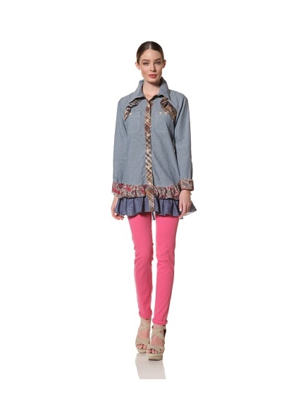 Anna Sui Women's Chambray Tunic with Ruffle Trim (Light Indigo)