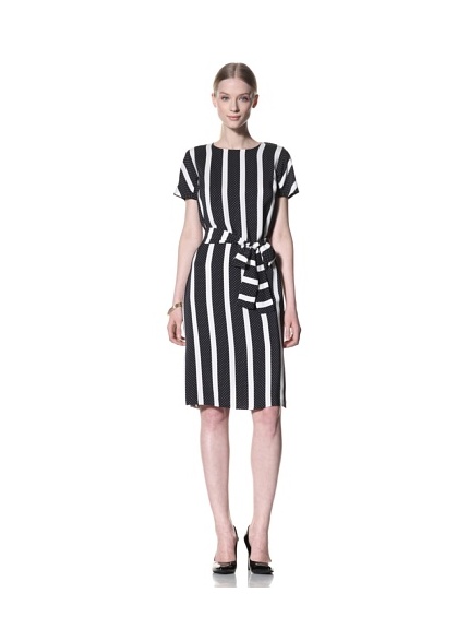 Bill Blass Women's Cap Sleeve Dress with Tie Belted Waist (Black/White)