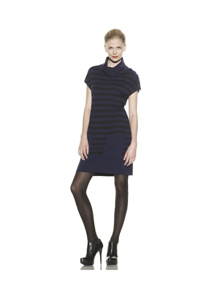 Catherine Malandrino Women's Stripe Side Button Neck Dress (Navy/Noir)