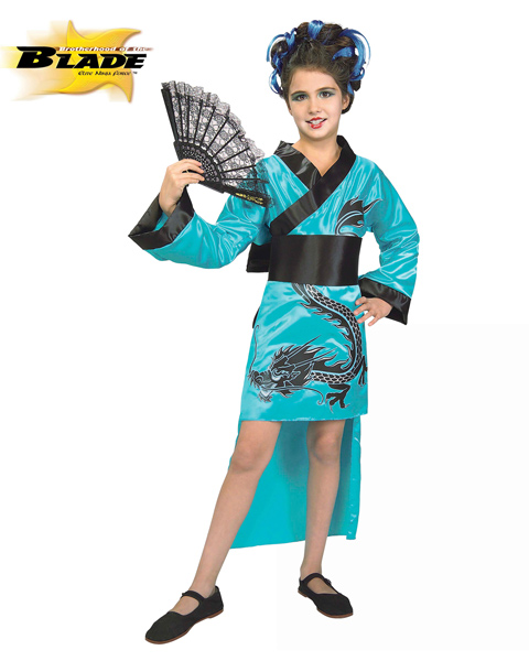 Female Kids Dragon Costume in Teal - Click Image to Close