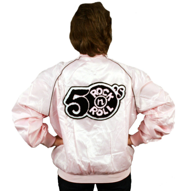 Pink Satin 50s Rock N Roll Jacket Adult Costume - Click Image to Close