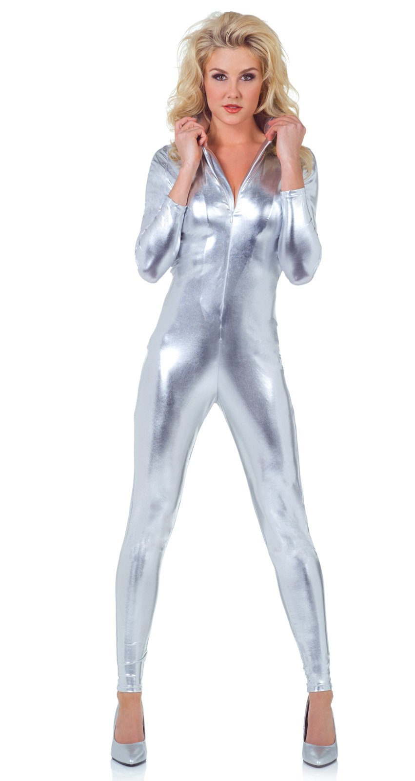 Silver Metallic Jumpsuit Adult Costume - Click Image to Close