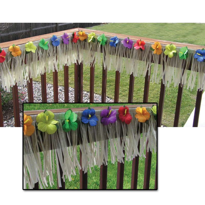 24' Deck Fringe - Natural Nylon with Hibiscus Flowers - Click Image to Close