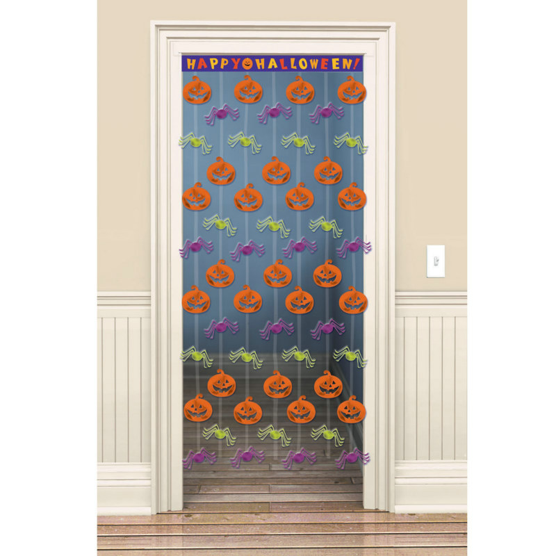 5' Happy Halloween Door Curtain - Spiders & Pumpkins - Click Image to Close