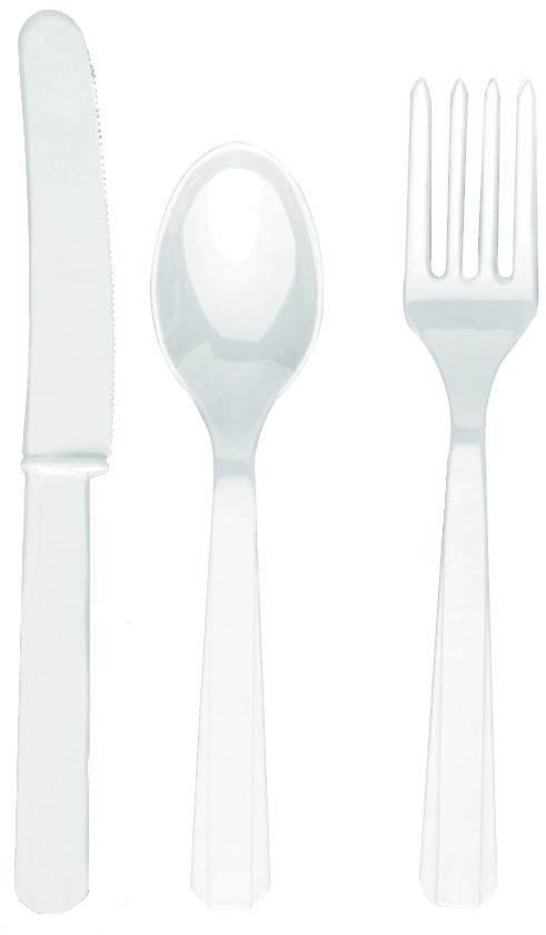 Frosty White Forks, Knives & Spoons (8 each) - Click Image to Close