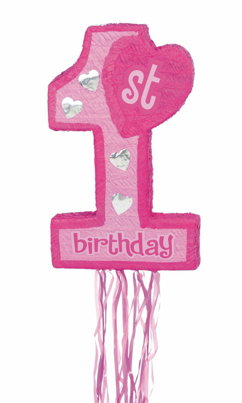 Pink 1st Birthday Pull String Pinata - Click Image to Close