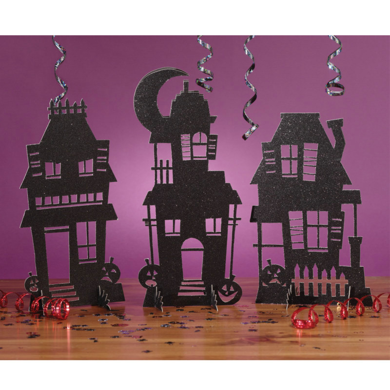 Haunted House Silhouettes Glitter Centerpiece - Click Image to Close