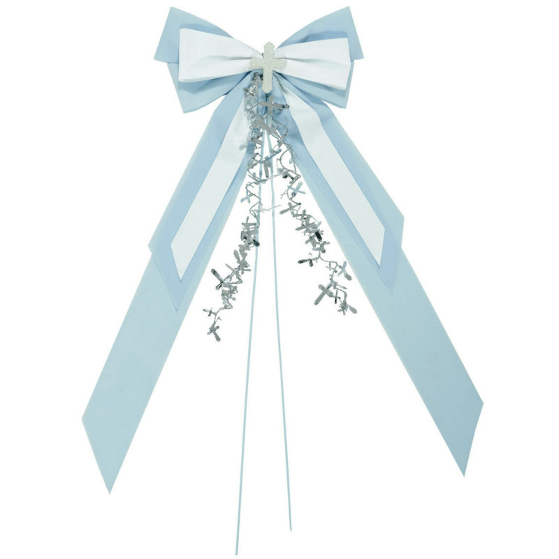 24" Blue Bow with Cross - Click Image to Close