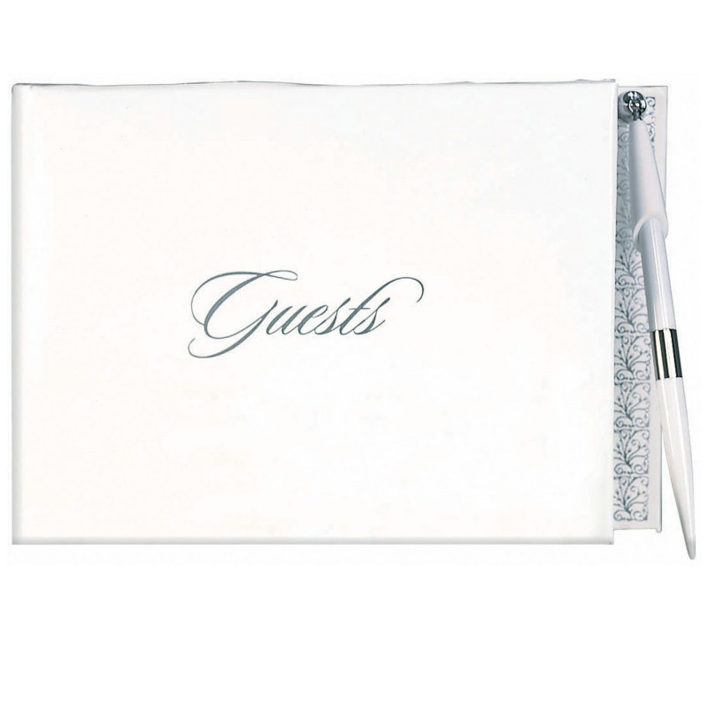 White and Silver Guest Book with Pen - Click Image to Close