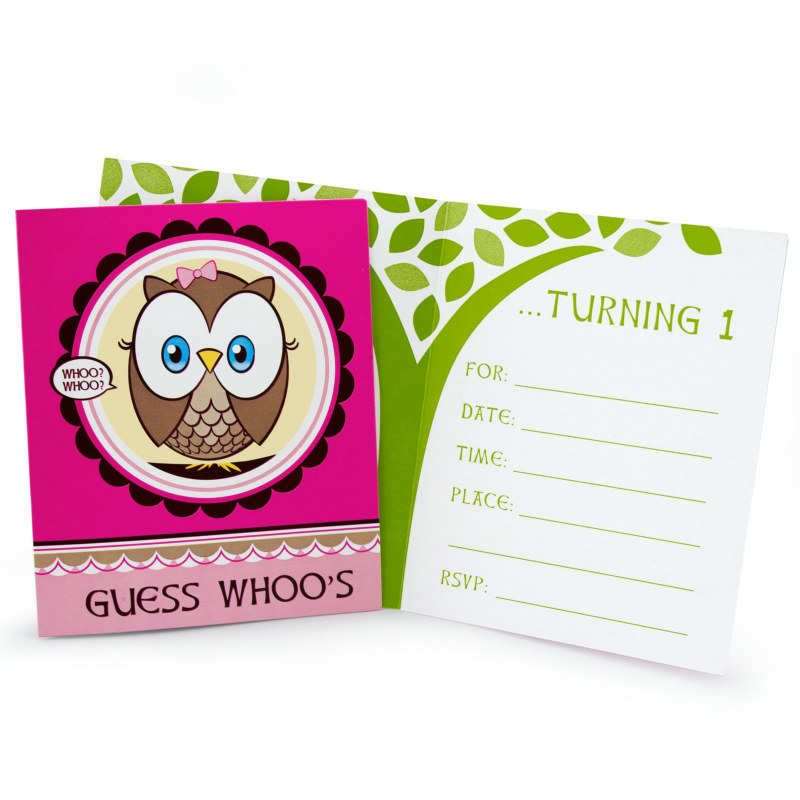 Look Whoo's 1 - Pink Invitations (8 count) - Click Image to Close