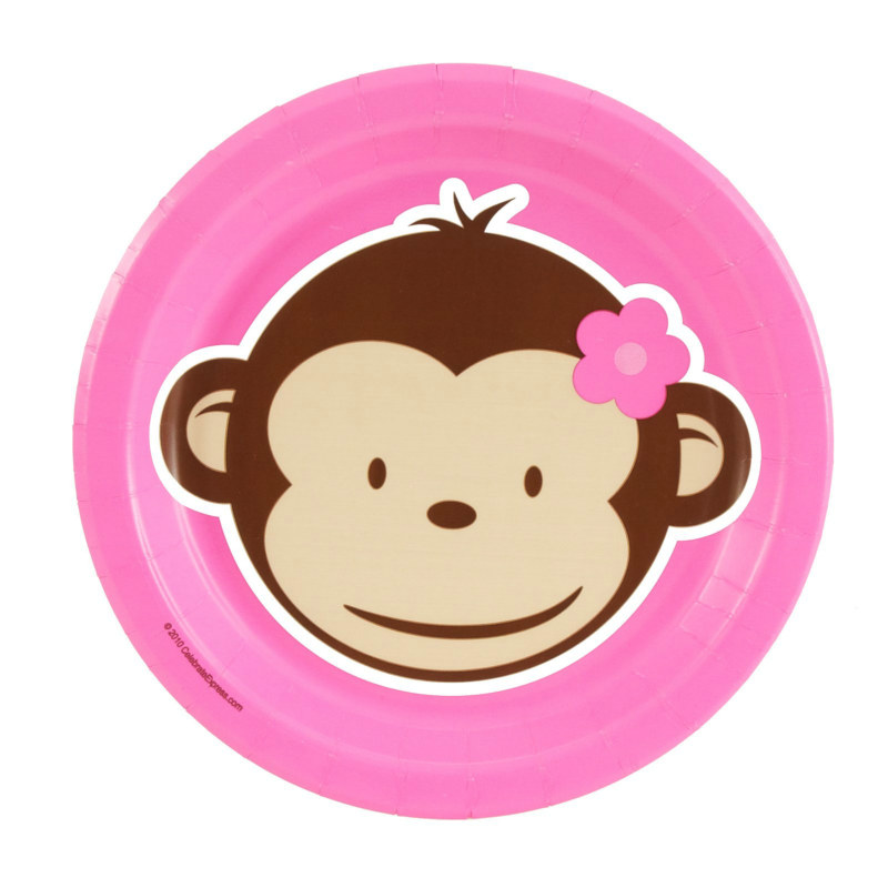 Pink Mod Monkey Dessert Plates (8 count) - Click Image to Close