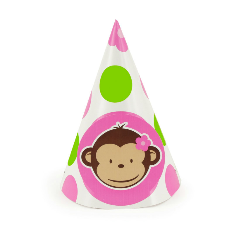 Pink Mod Monkey Cone Hats (8 count) - Click Image to Close