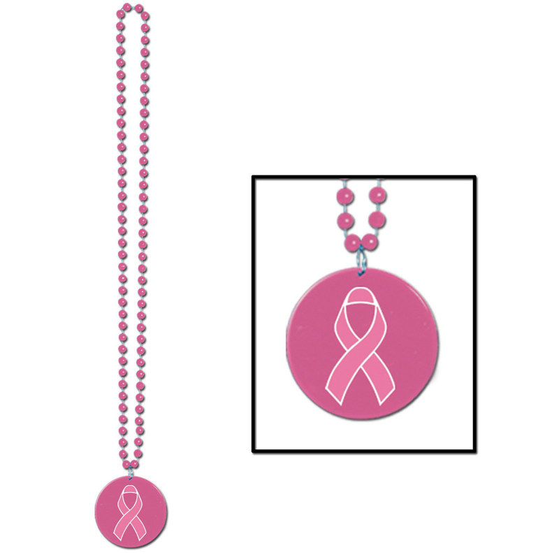 Beads with Printed Pink Ribbon Medallion (1 count) - Click Image to Close