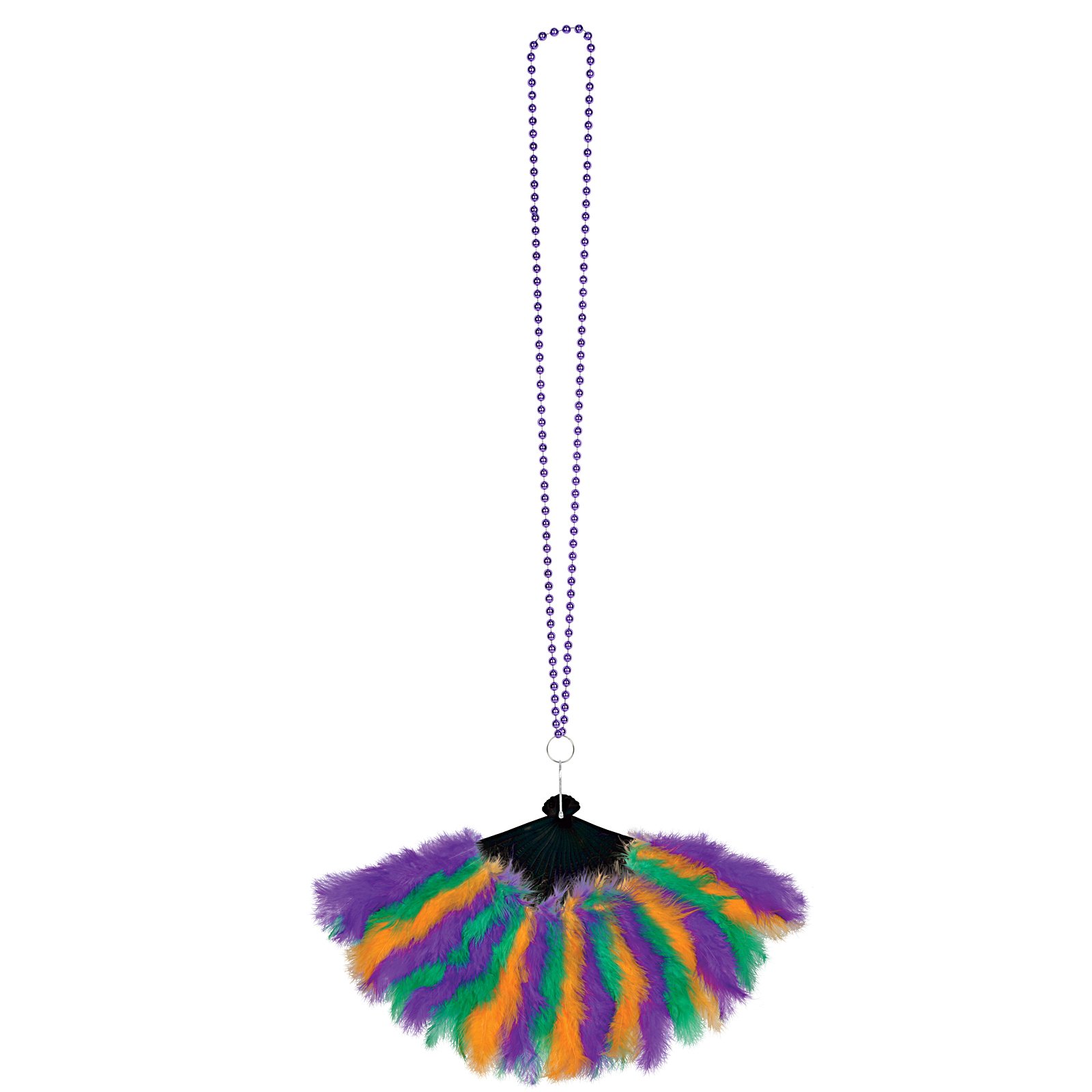 Mardi Gras Bead Necklace with Feather Fan - Click Image to Close