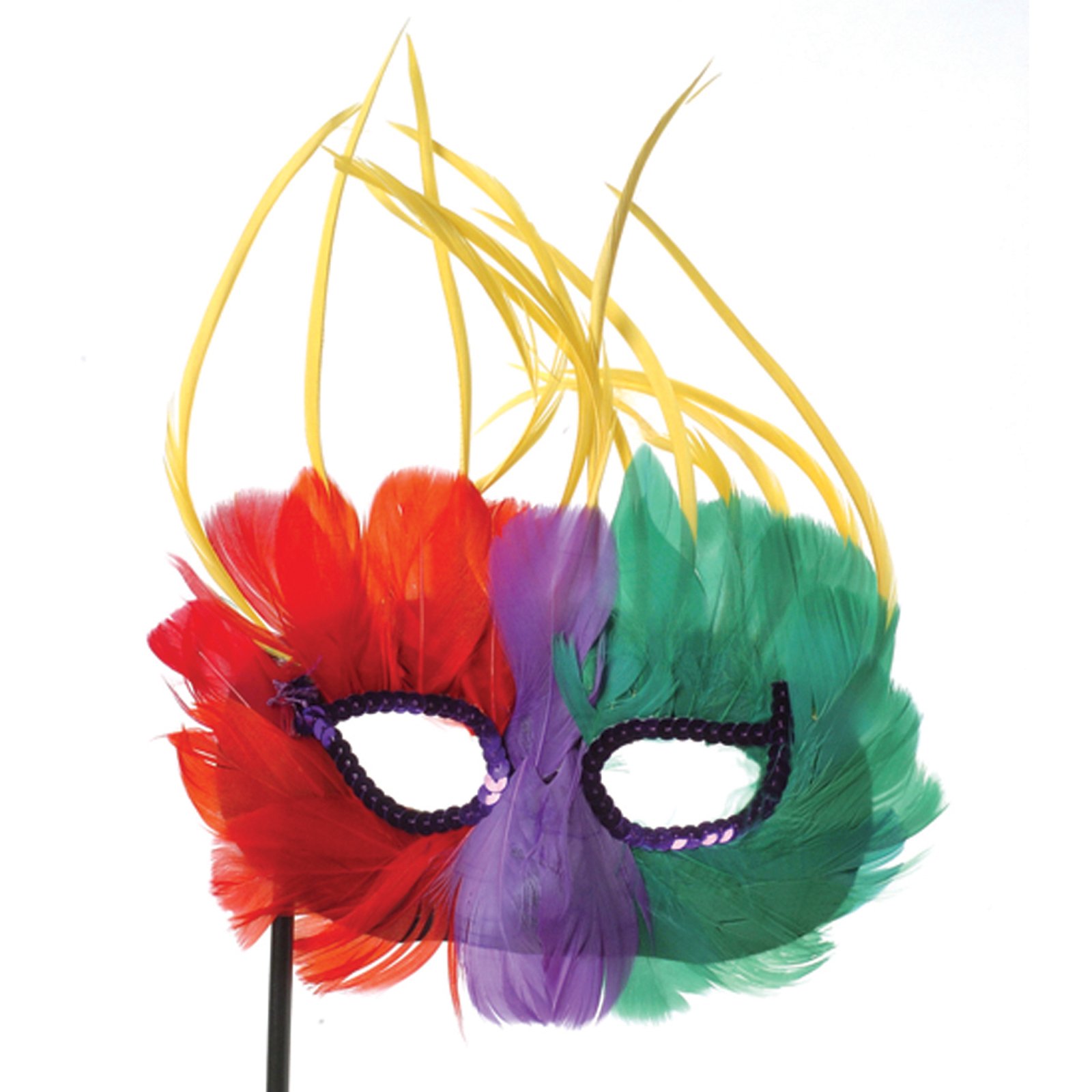 Mardi Gras Feather Mask with Stick - Click Image to Close