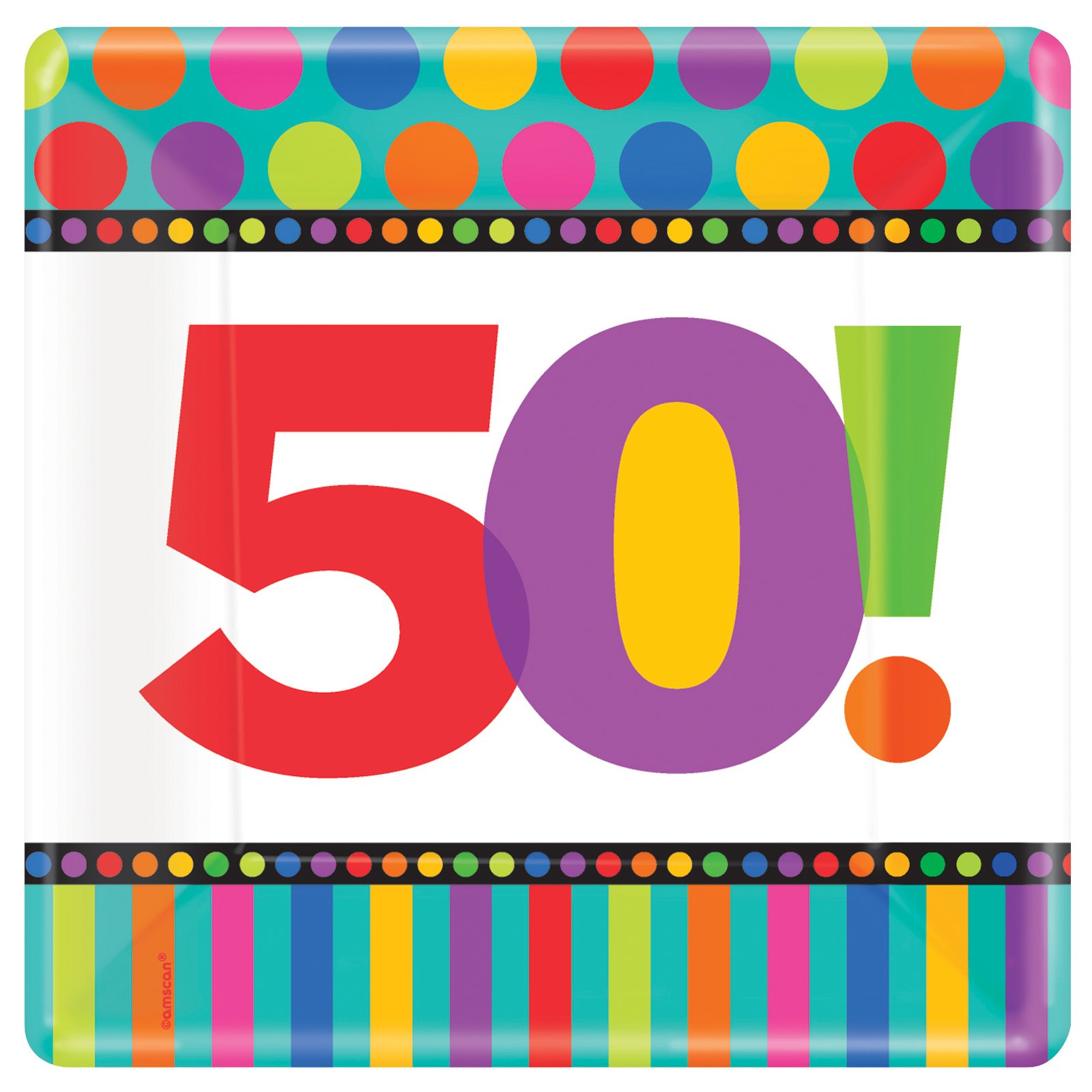 Dots and Stripes Birthday 50 - Square Banquet Dinner Plates (8 c - Click Image to Close