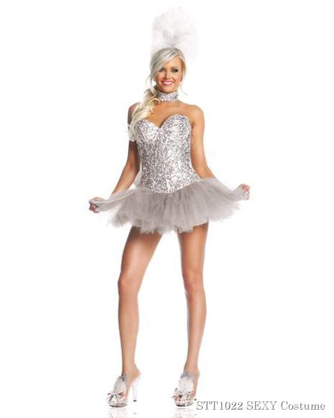 Deluxe Sexy Silver Sequin Show Girl Womens White Swan Costume