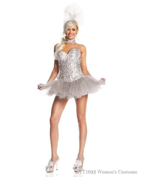 Deluxe Sexy Silver Sequin Show Girl Womens White Swan Costume - Click Image to Close