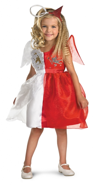 Costume includes: Dress, detachable wings and devil/angel headpiece. 
