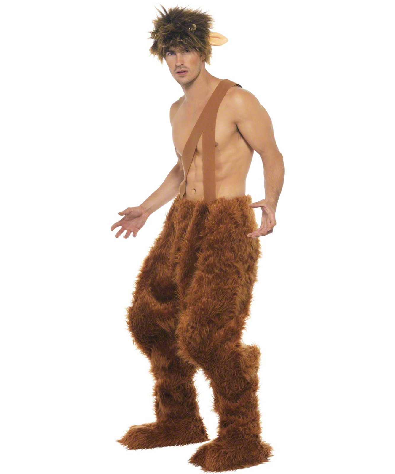 This Pan Adult Costume includes faux fur trousers, shoe covers, and wig. 