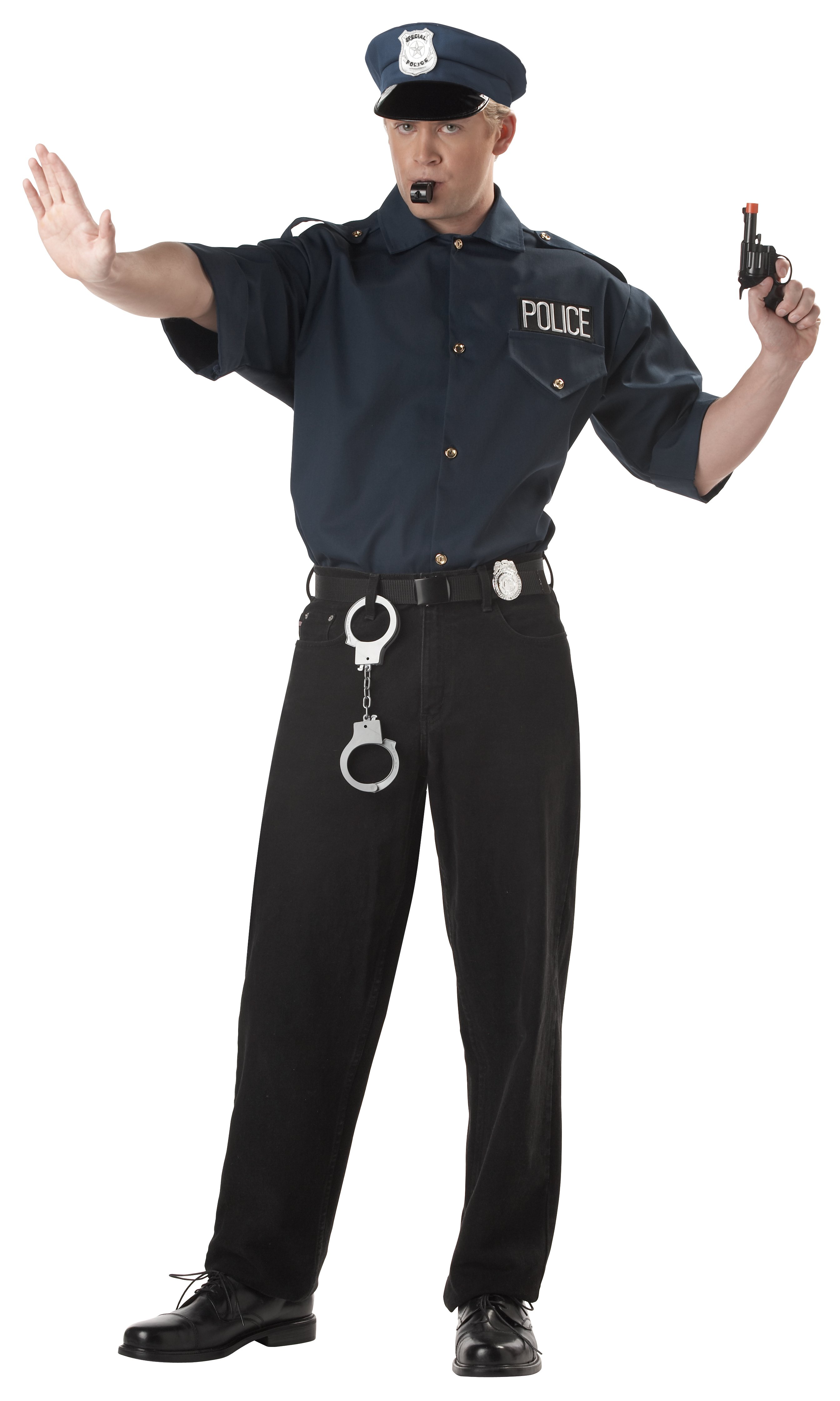 The Cop Adult Costume Kit includes: A dark blue short sleeve button down sh...