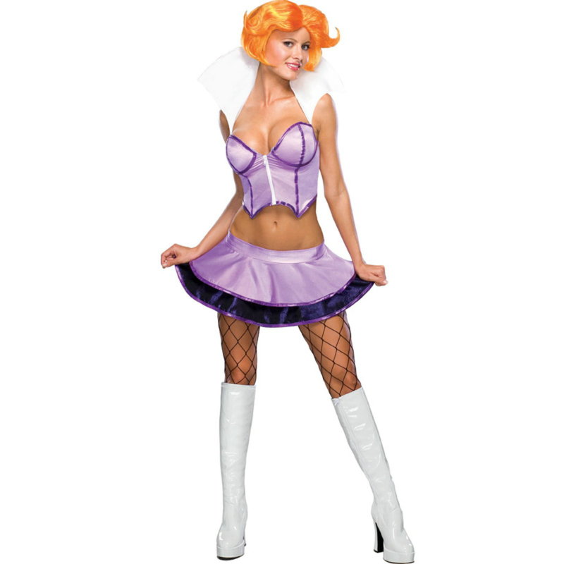 The Jane Jetson costume includes: A purple skirt, a matching corset-style t...