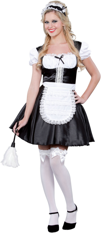 Her helpful costume includes a black and white French maid dress with a bla...